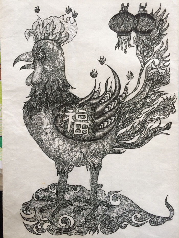 公鸡年画(钢笔装饰画)李鹃飞