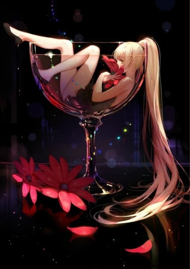 动漫 插画 二次元 手机封面 红酒 花