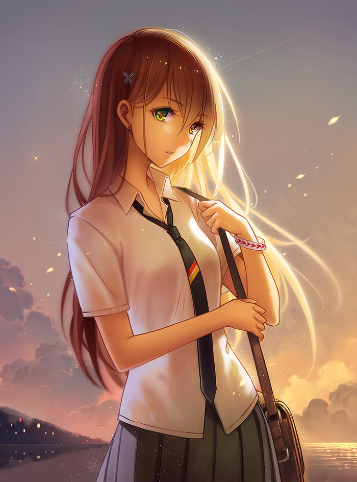 少女 异色瞳 制服 夕阳 日落黄昏 动漫 二次元 妖异 画师:tid pixiv