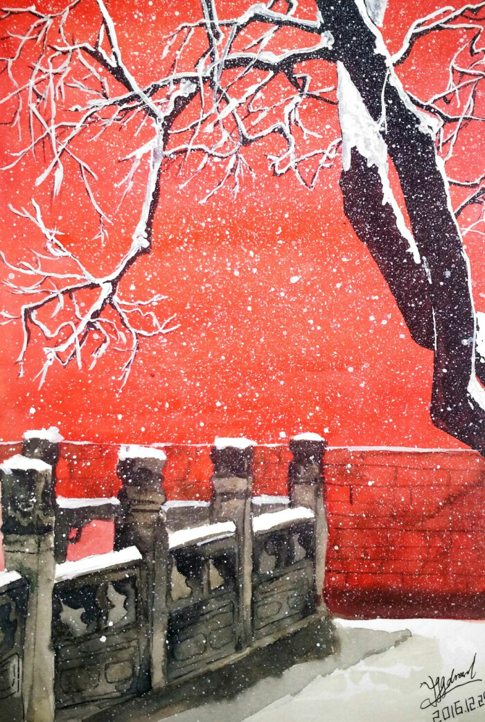 【雕栏玉砌应犹在,只是朱颜改】水彩故宫雪景临摹照片,原图来自@故宫