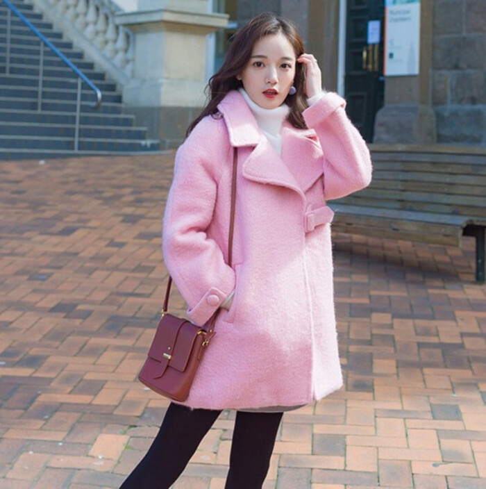 韩国甜美学生加厚粗花呢子大衣粉色中长款毛呢外套女2016冬装