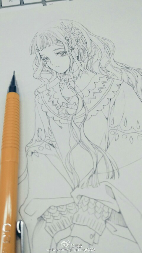 清茗 水彩 淡雅 少女 线稿