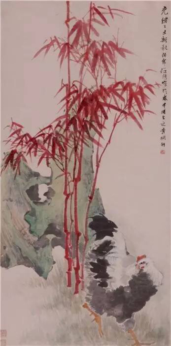 清·任伯年《竹树雄鸡图》,纸本设色,1877年,113x56厘米,广东佛山市