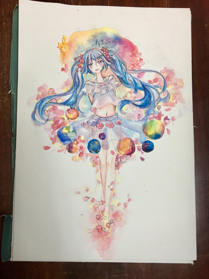 手绘 动漫 初音 水彩 卡通 萌妹 美少女 开爱 梦幻