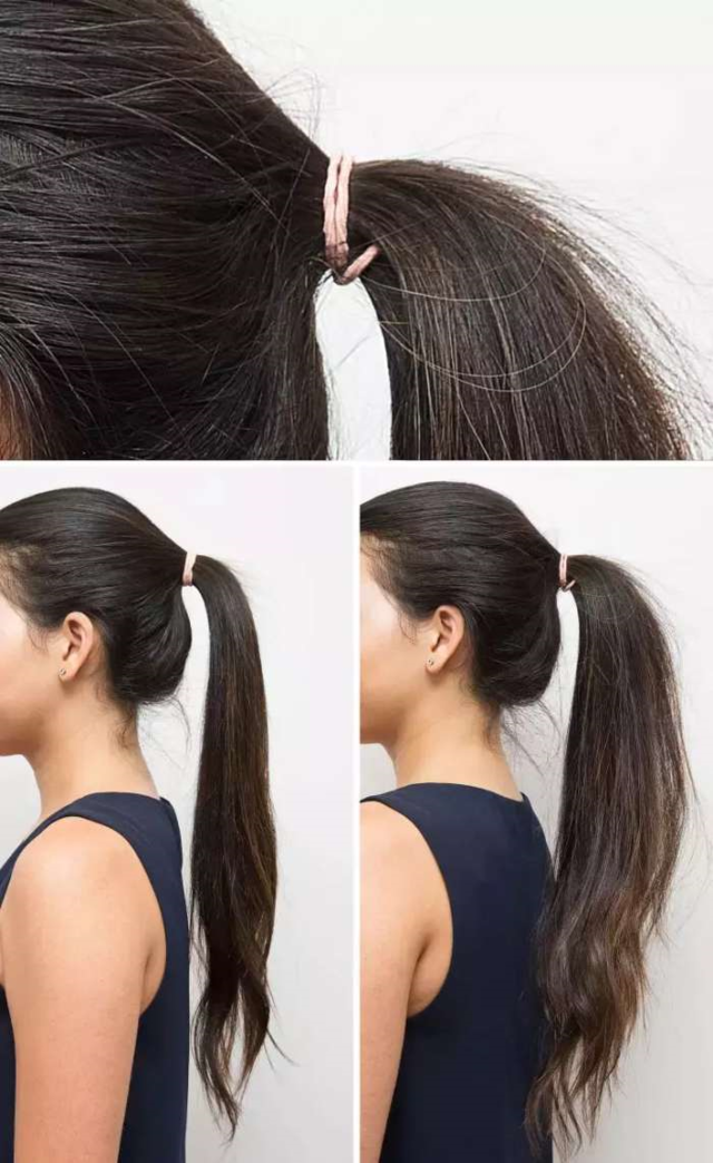 方法一:巧扎马尾(3)或者用发绳绑头发,绑好的发绳尾部在发束底下打结.