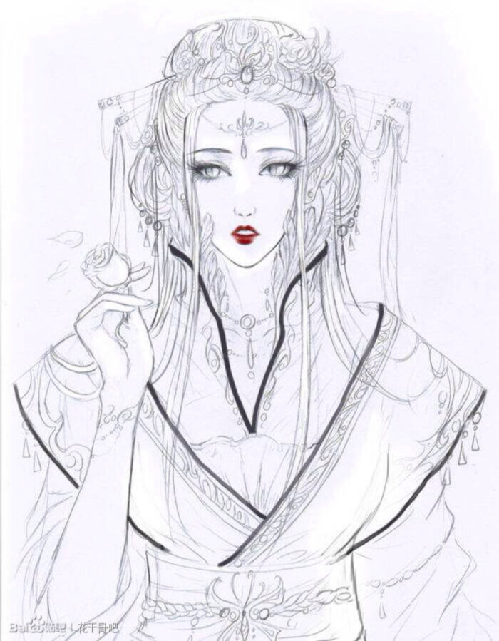 古风美女 衣服 插画 线稿 黑白 工笔 人物 手绘 素材