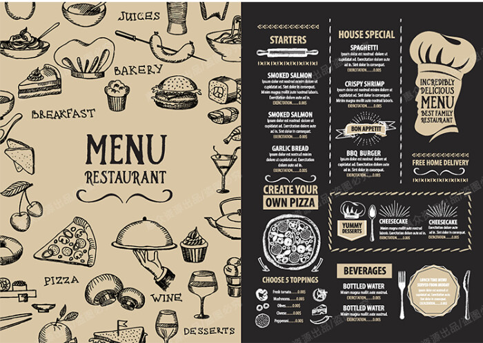 欧美式复古手绘黑板风高档西餐厅披萨店汉堡菜单模版矢量设计素材