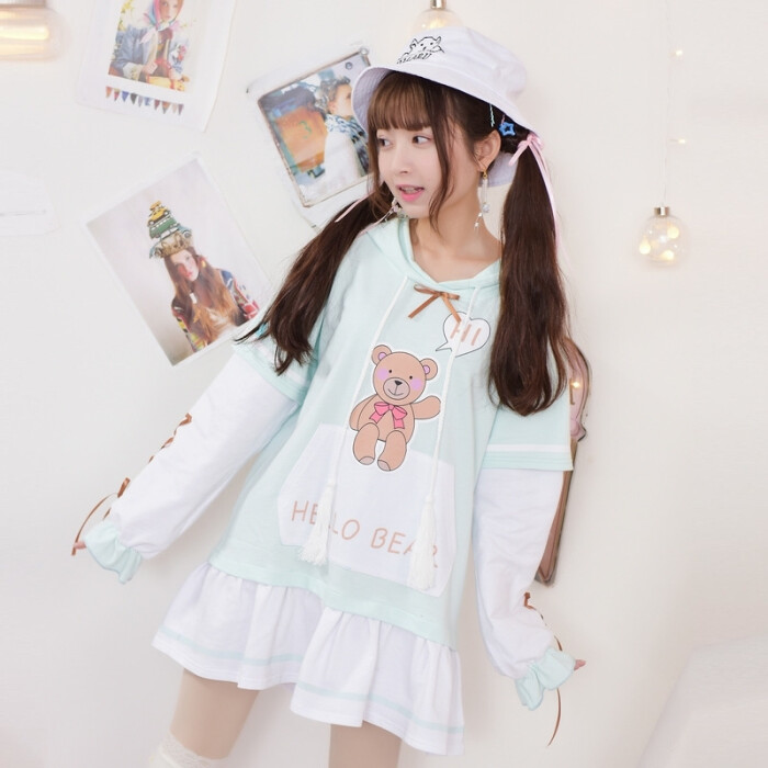 原创设计森女部落 96元你好小熊卡通印花拼接少女连衣裙
