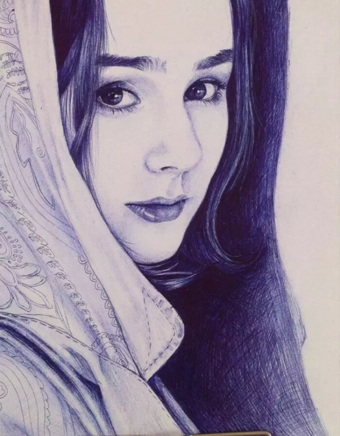 圆珠笔画,手绘,巴西女模绾鹤手作
