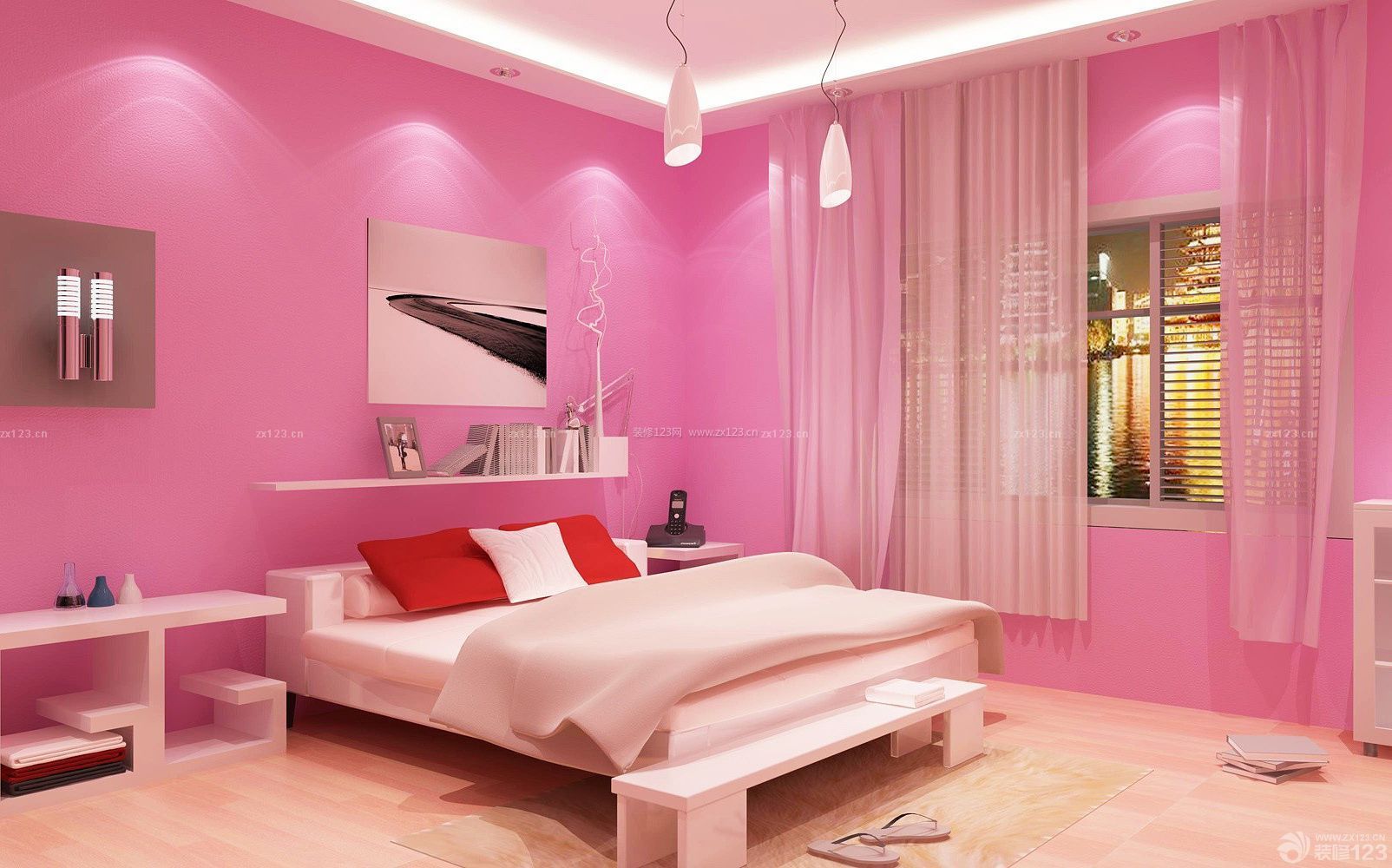 现代女生卧室粉色墙面设计装修效果图片