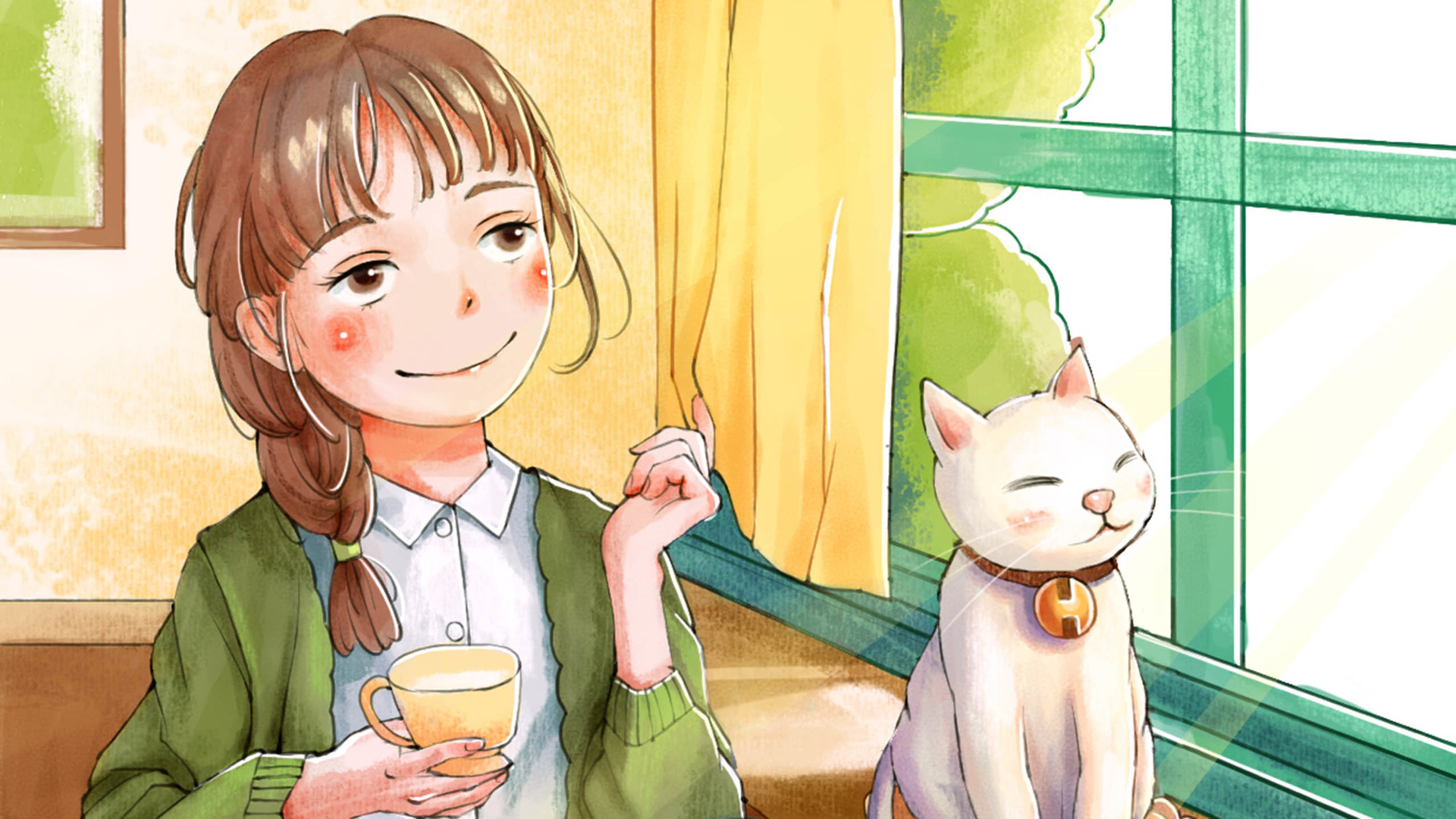 【少女与猫】小白猫与可爱的小女孩,插画壁纸.插画师:风子洛.侵权删.