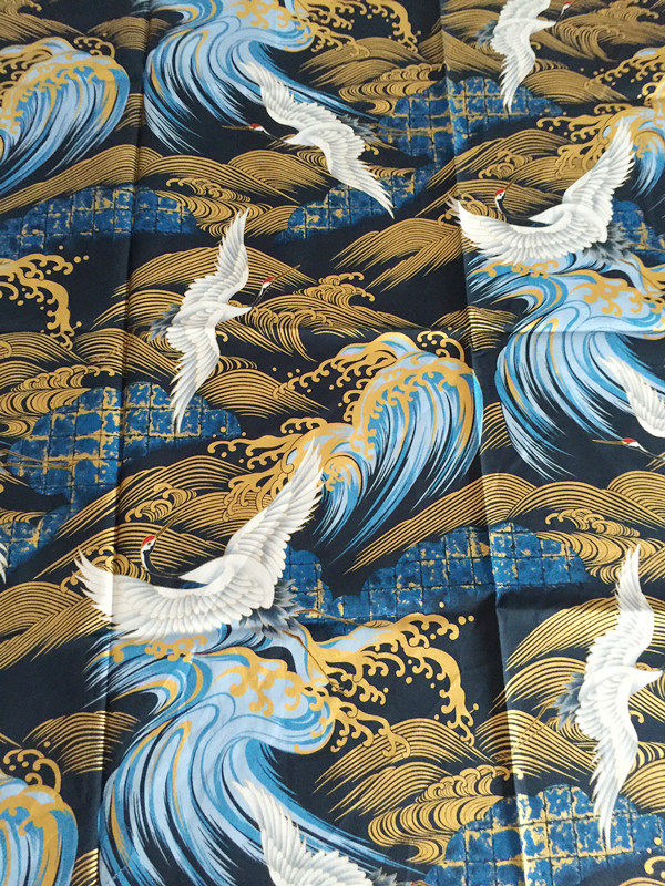 定制【孤品私藏】日本私人收藏美国进口烫金布料 超美仙鹤海浪 蓝