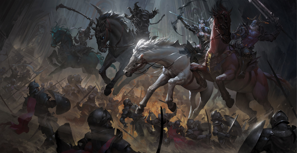 唤来分别骑着白,红,黑,绿四匹马的骑士,将战争,饥荒,瘟疫和死亡带给