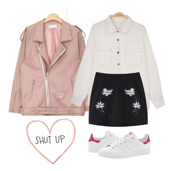 甜美套装配白色运动鞋,粉色机车夹克,甜美还帅
