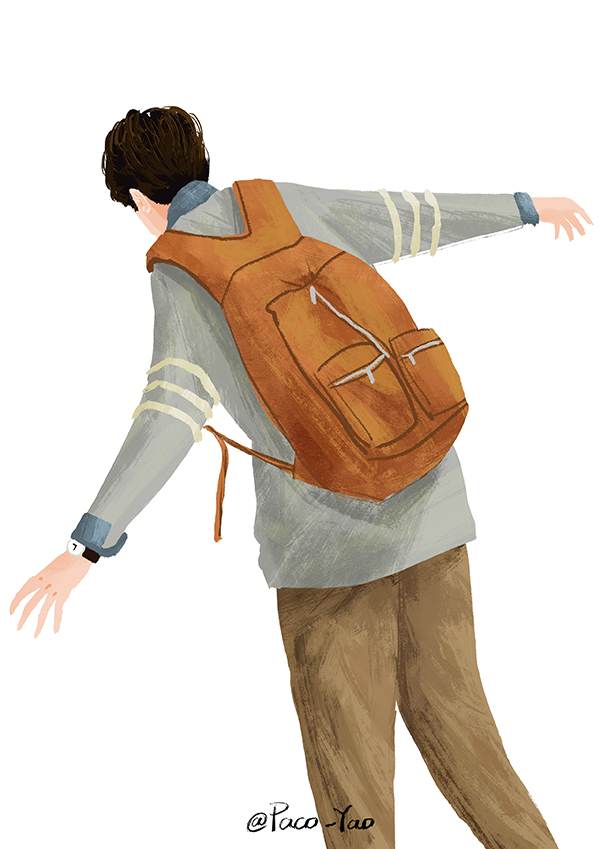 paco_yao 插画 原创 开学 上课 青春 背影 背包 书包 少年 少男少女