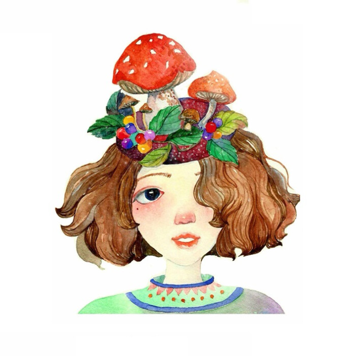 手绘 蘑菇 短发 女孩
