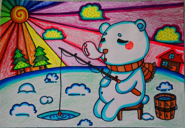 儿童画～小熊钓鱼
