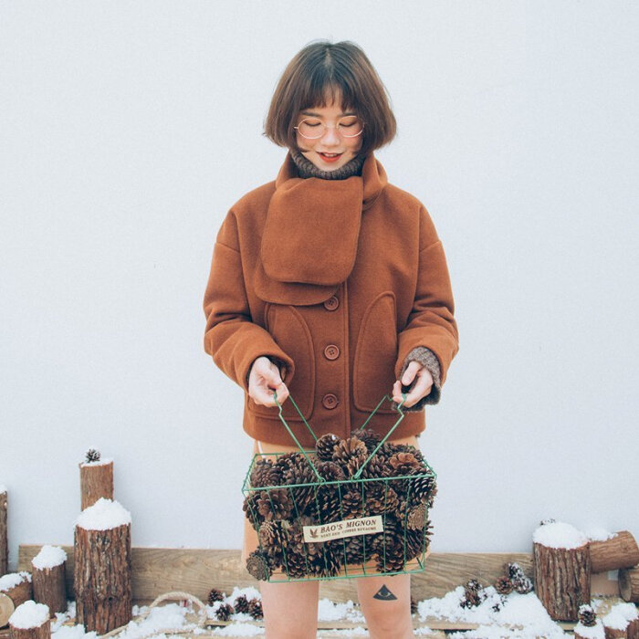 油果日记原创设计咖色韩版女羊毛大衣百搭时尚