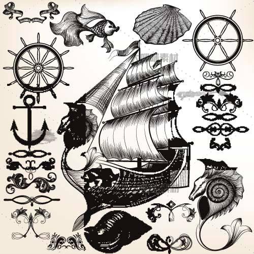 9组黑白勾线装饰图案轮船海马船舵各种动物矢量 eps格式ainew15
