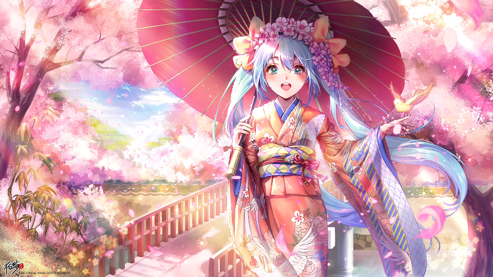 清新 华丽 唯美 可爱 意境 双马尾 软萌 萝莉 樱花 和风 和服 初音