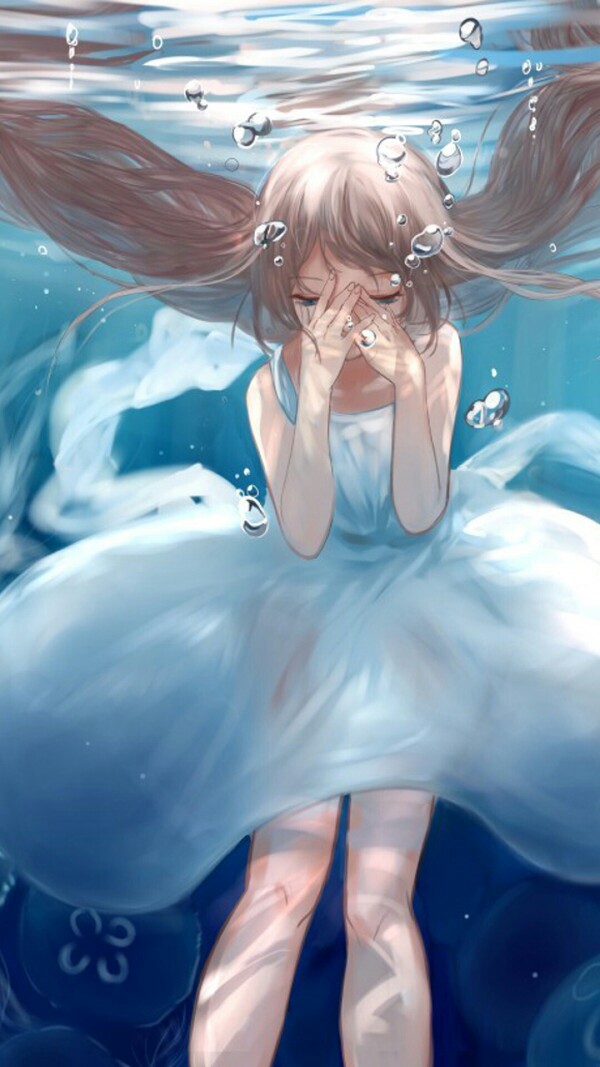 水中少女 插画壁纸 意境蓝