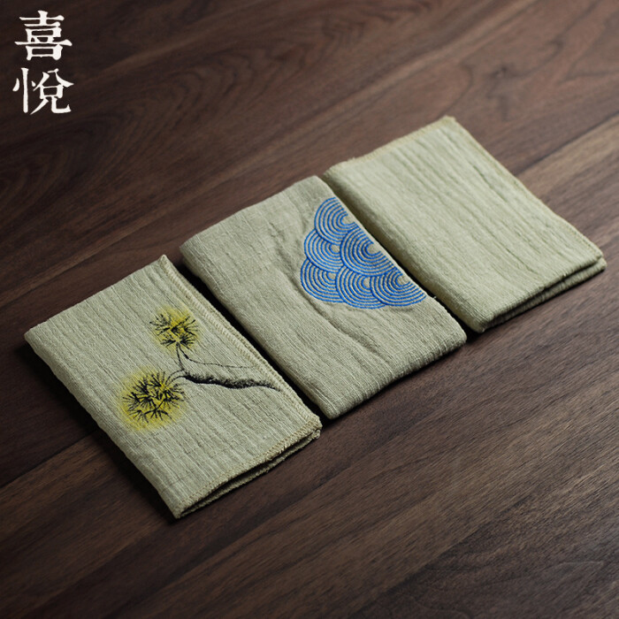 喜悦茶铺 棉麻茶巾 手工缝制布艺茶巾 中国风复古吸水方巾