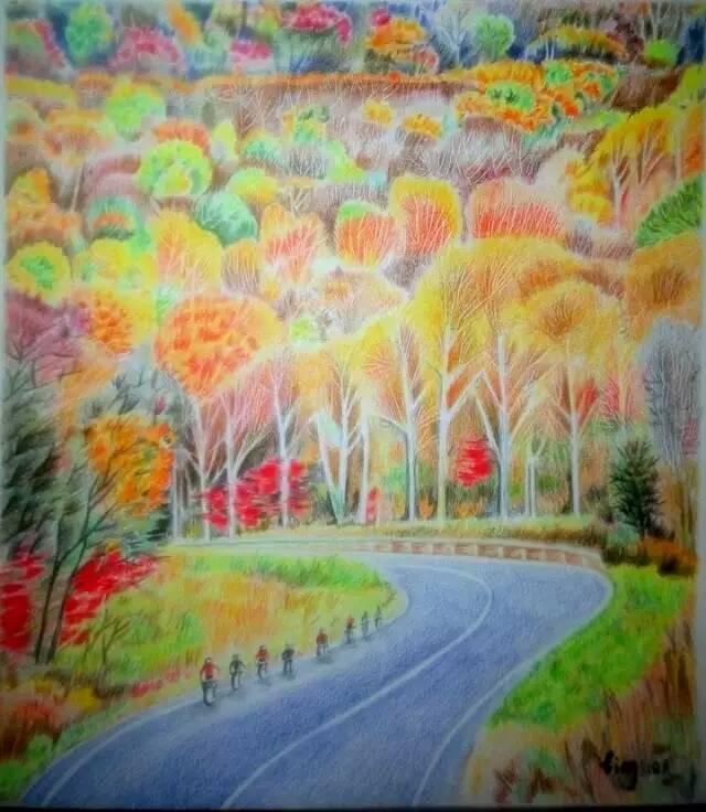 彩铅画 秋天 公路 景色 手绘