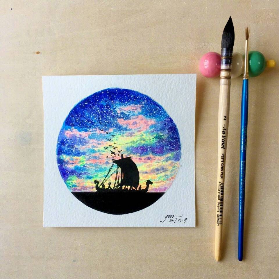 星空船影水彩插画教程via 谷蔚然-gwr