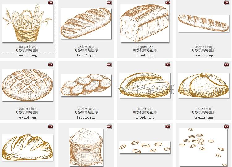 手绘线稿图烘焙面包包装袋海报图案素描插画ai矢量设计素材ai150