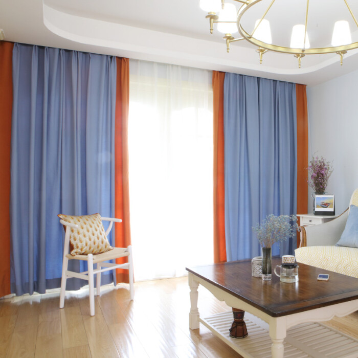 明润 蓝色拼橙色棉涤混纺窗帘 现代简约北欧客厅男孩女孩卧室窗帘