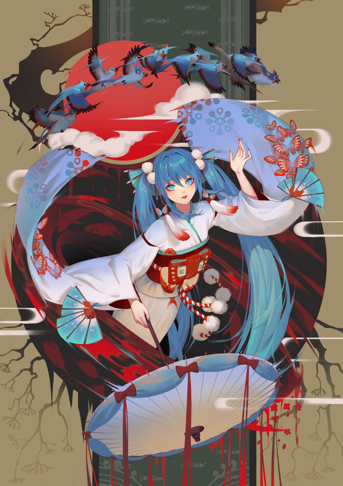 初音未来 动漫 虚拟歌姬 同人 插画 同人 和服 壁纸 头像 唯美