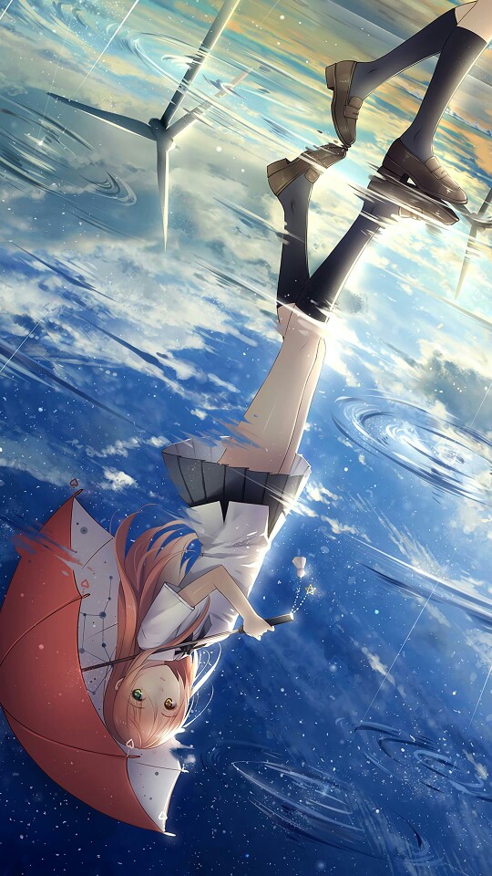 二次元 少女 伞 倒影 壁纸 红伞 回眸