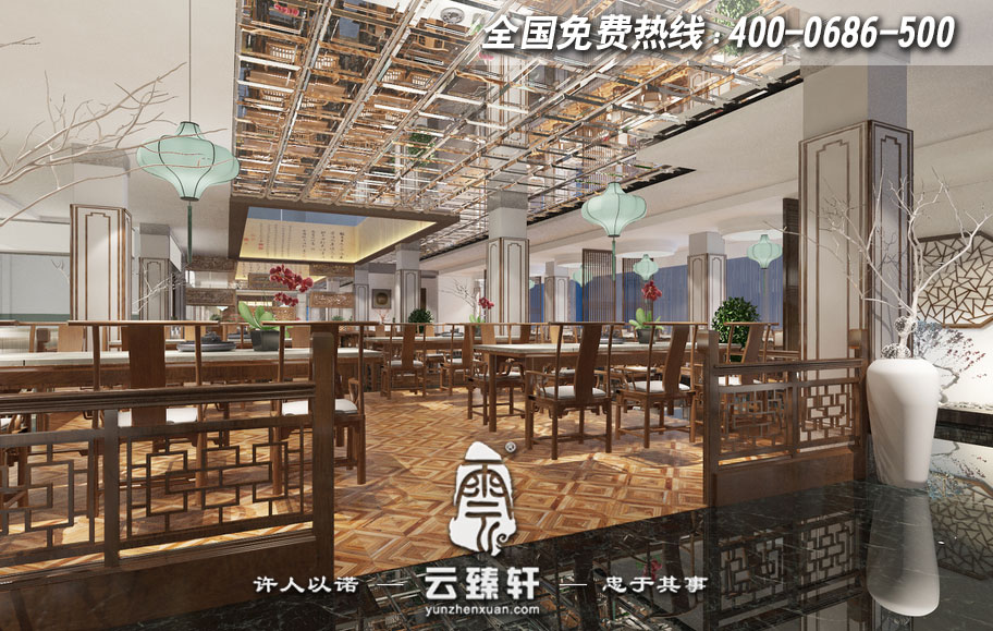禅意风格中式餐厅大堂设计效果图
