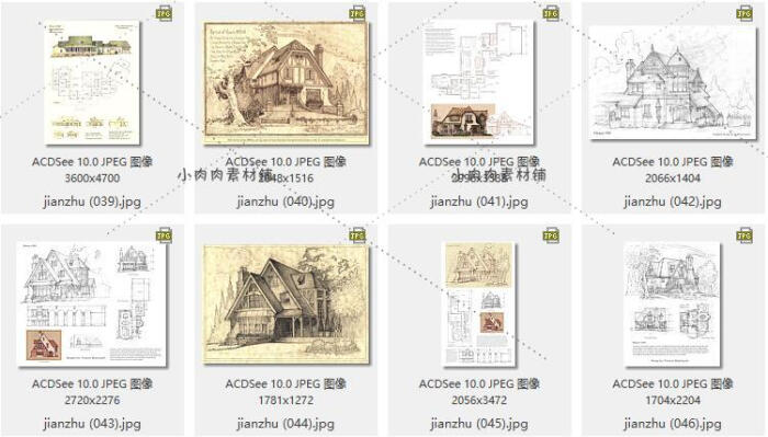 欧式古典建筑平面设计手稿线稿彩色插画场景室内手绘临摹素材8