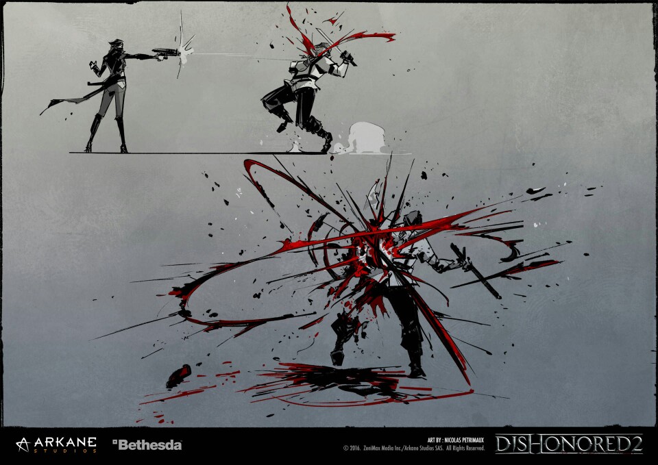 概念艺术家nicolas petrimaux为主机游戏《羞辱2》画的打击效果概念图