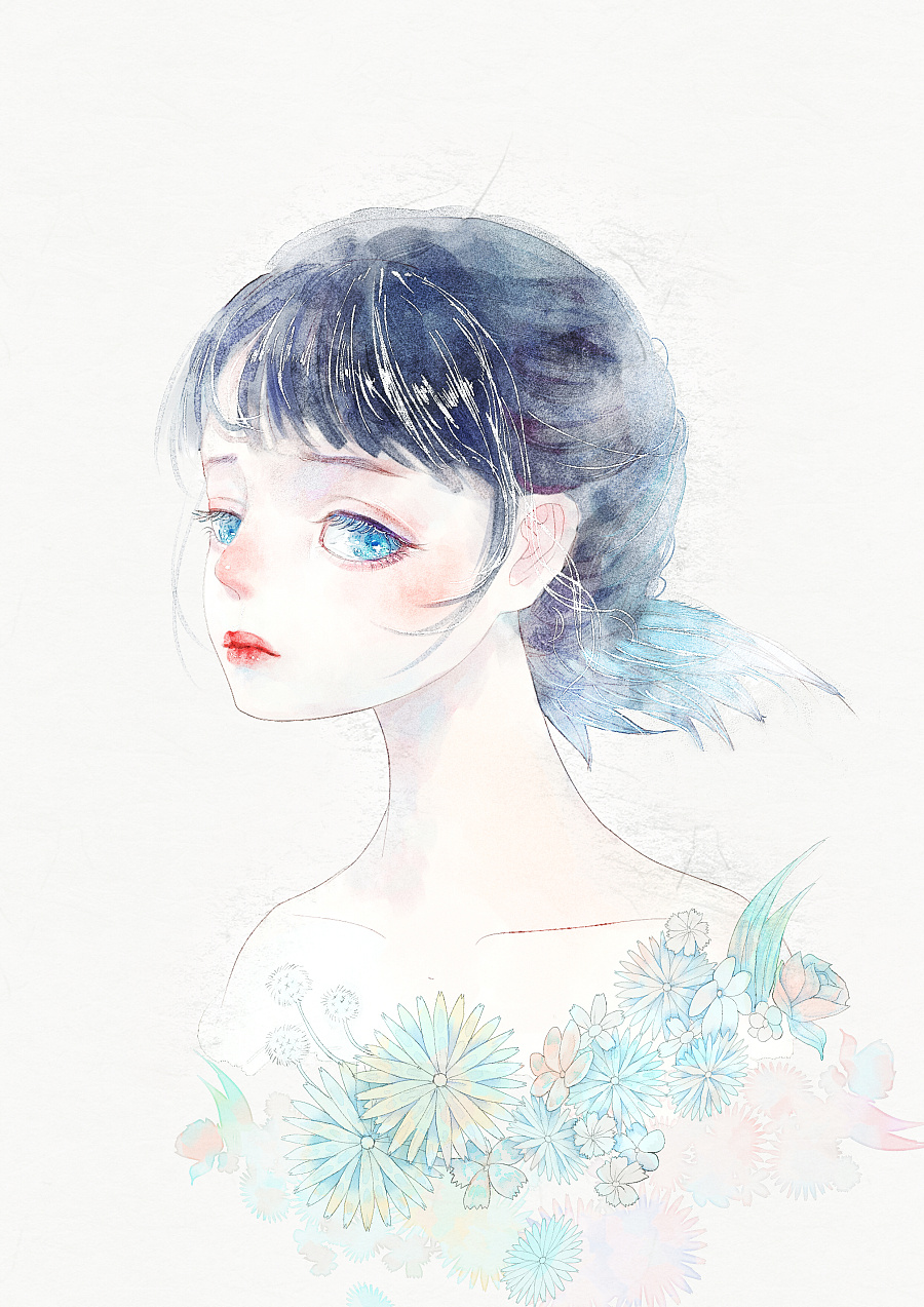 手绘 水彩 花与少女 画师:芜意