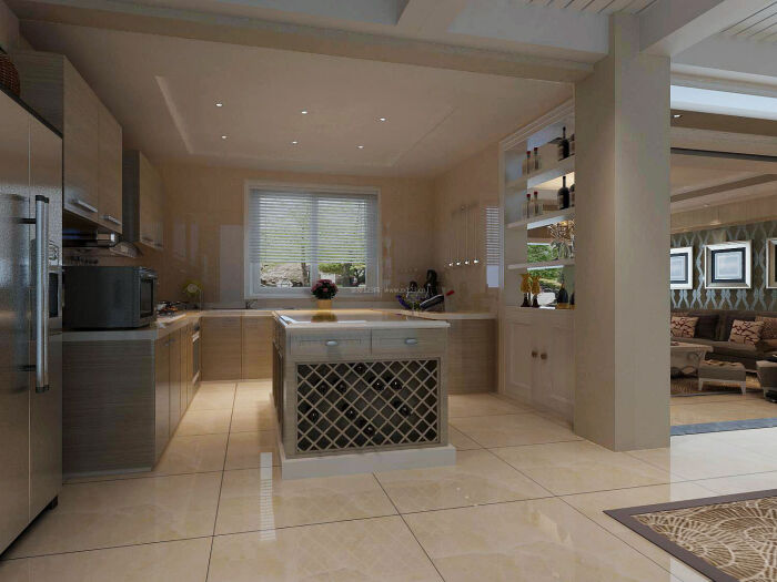 现代别墅开放式厨房客厅隔断设计效果图