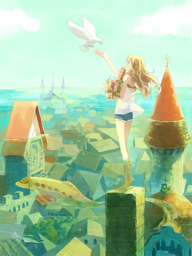 房子 背景 唯美 意境 鸽子 二次元 动漫 壁纸 少女