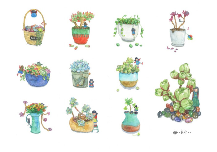 多肉植物集合#水彩手绘##治愈系##小清新##插画