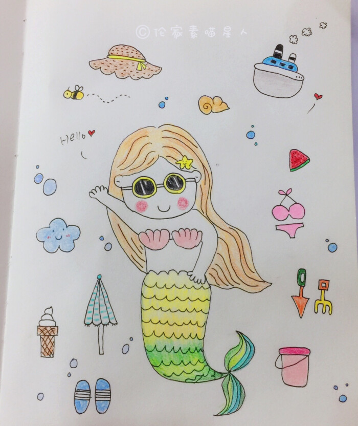 手帐素材儿童画卡通美人鱼夏天手绘简笔画-堆