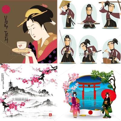 水墨日本和风古代武士人物建筑景点富士山旅游景点艺妓ai76