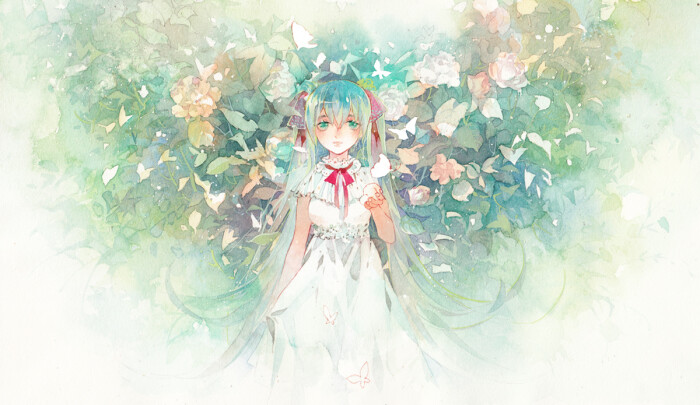 水彩,初音,鲜花