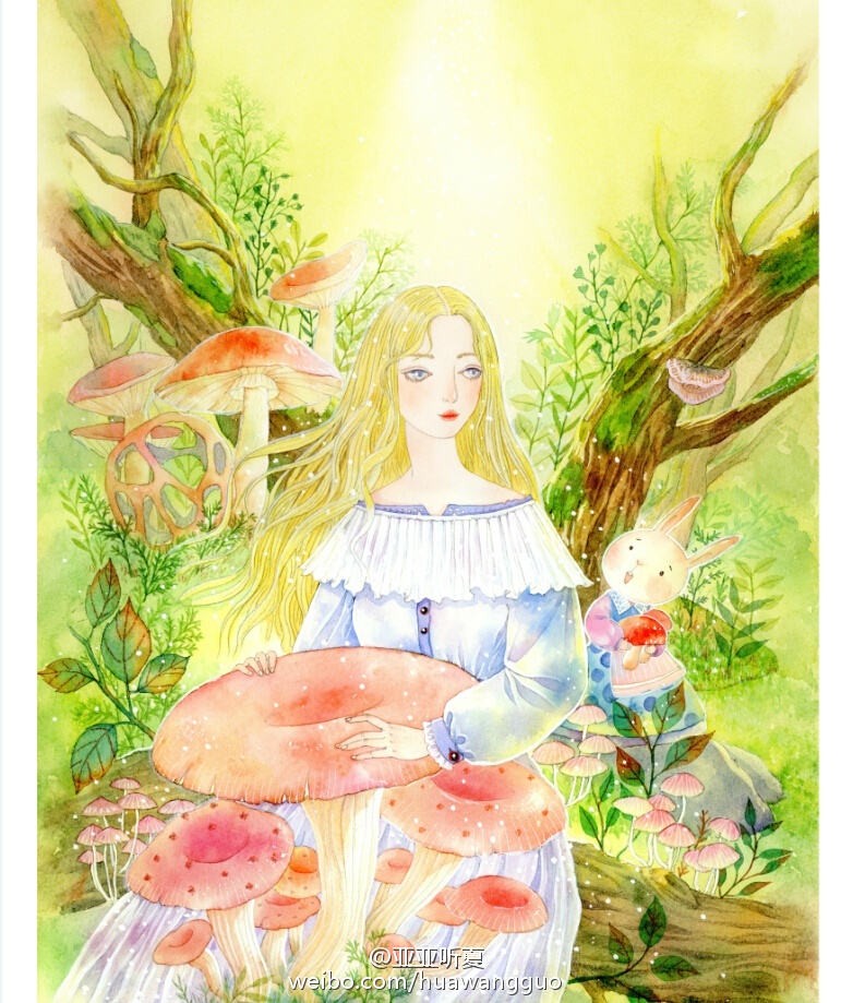 美腻的手绘插画 壁纸 女孩 植物 绿色 森系