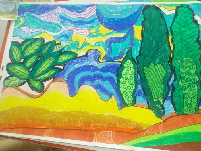 儿童画 抽象大师画 麦田里的丝柏树