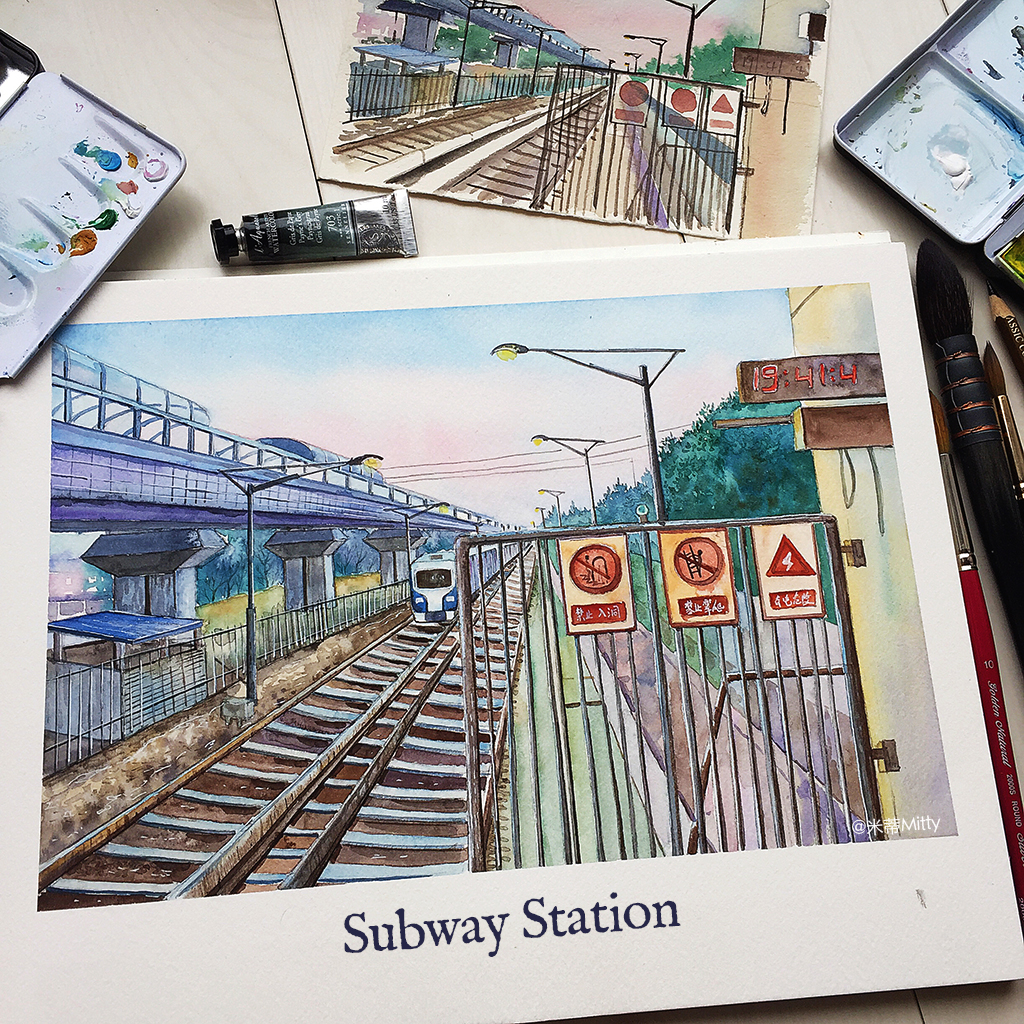 地铁站,这幅作品对于我来说很有意义,因为是生活中的场景,把它用动漫