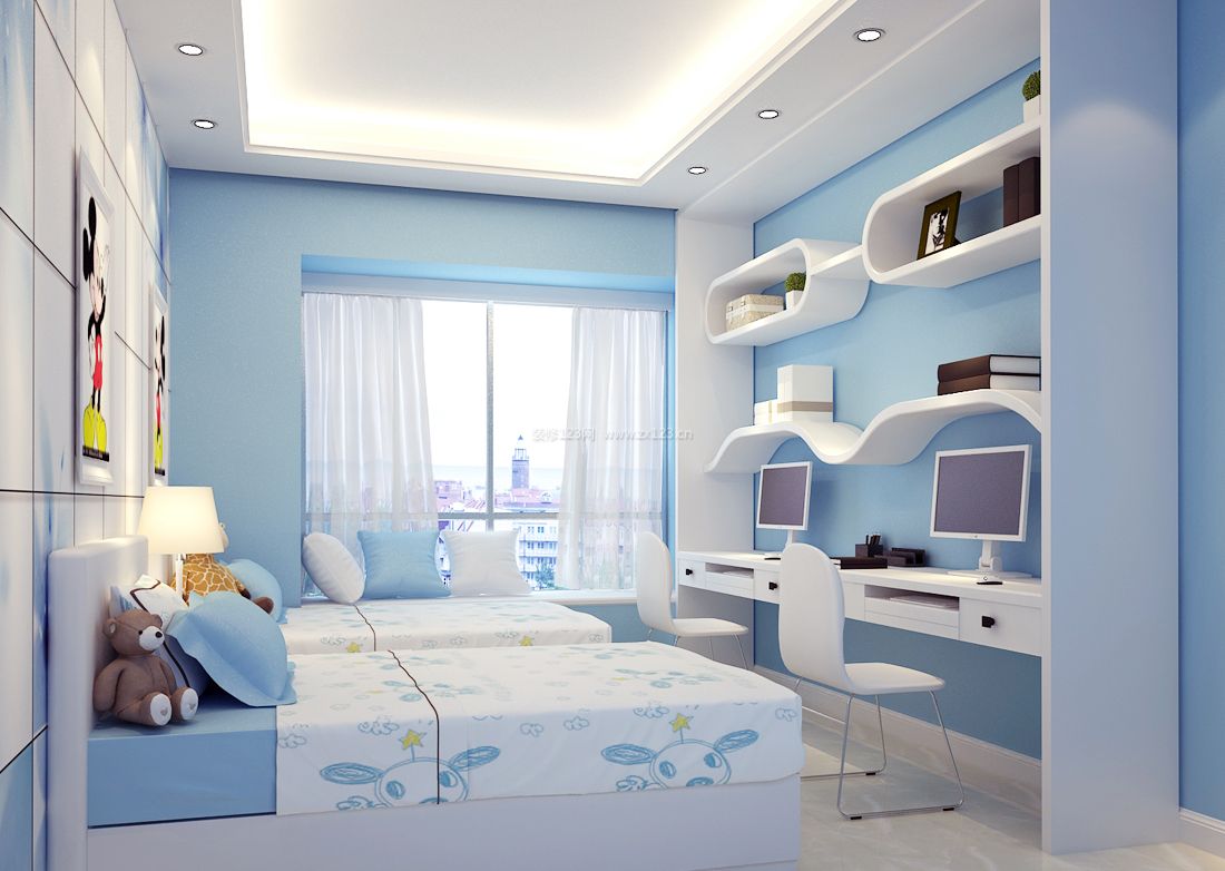 2017温馨女生卧室设计蓝色墙面装修效果图片
