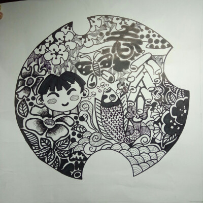 春黑白装饰画 儿童画 线描画