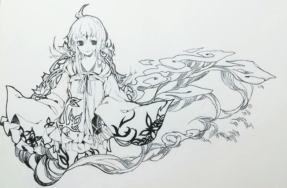 线稿 原创 动漫 古风 少女 手绘 插画 黑白 梦幻(来自兴趣部落