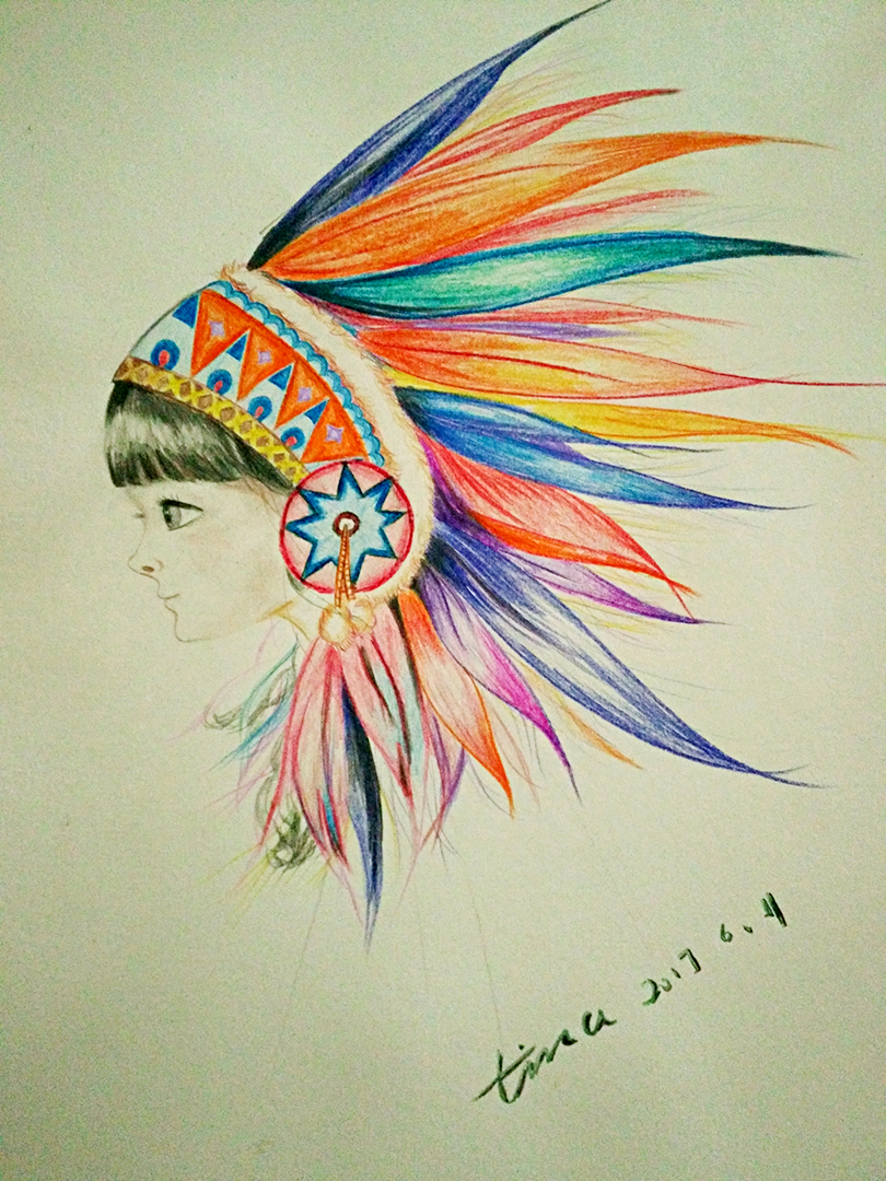 印第安少女,彩铅
