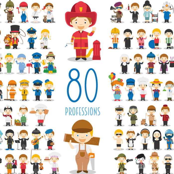 80个不同职业装扮人物图片素材 eps矢量素材卡通源文件ai25